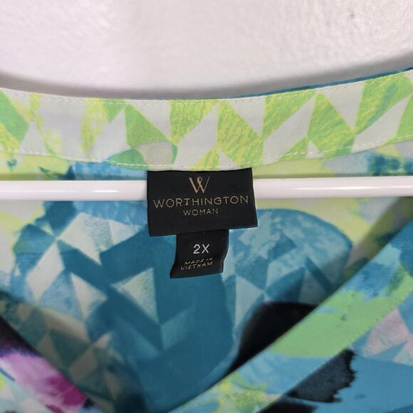 Worthington Green Blue Neon Eclectic Floral Long Sleeve Button Up Size 2X - Picture 3 of 7